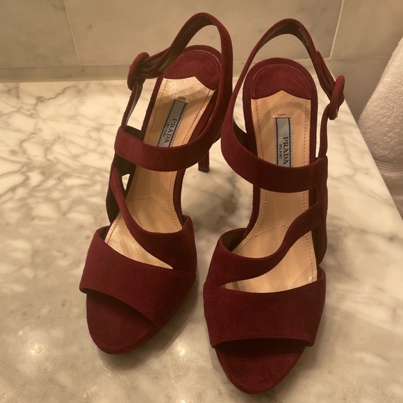 Prada Suede Plum Asymmetrical Triple Strap Platform Sandal - Picture 2 of 8